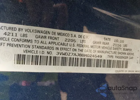 2011 Volkswagen Jetta 2.5L Se from USA, damaged, VIN 3VWDZ7AJ8BM024549